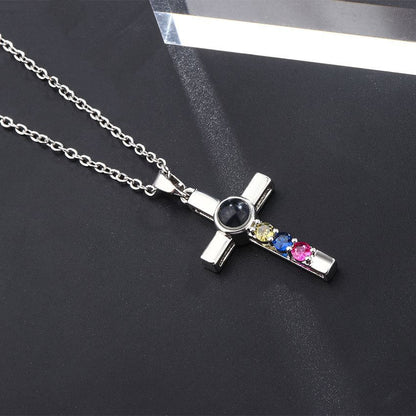 Colorful Diamond Cross Projection In Languages, I Love You Necklace