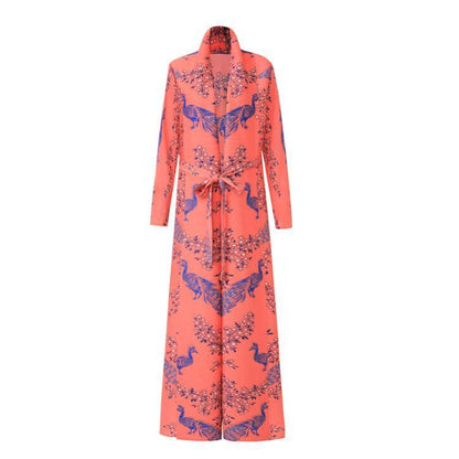 Pleated Print Long Sleeve Dress Women