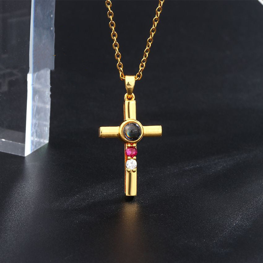 Colorful Diamond Cross Projection In Languages, I Love You Necklace