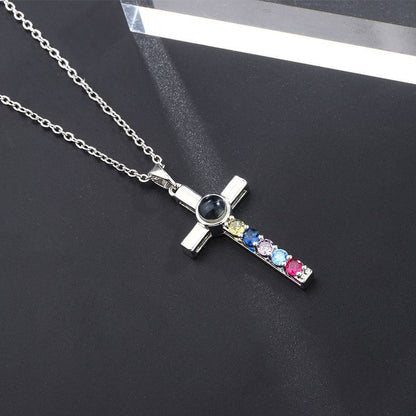 Colorful Diamond Cross Projection In Languages, I Love You Necklace