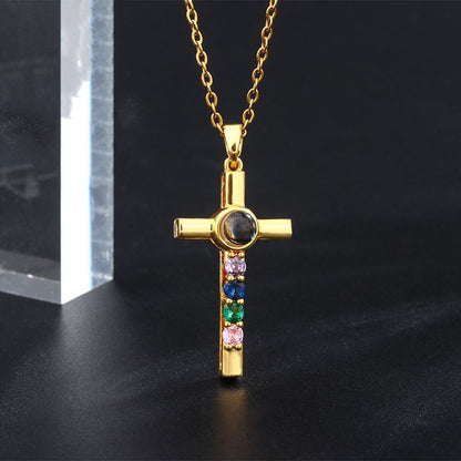 Colorful Diamond Cross Projection In Languages, I Love You Necklace