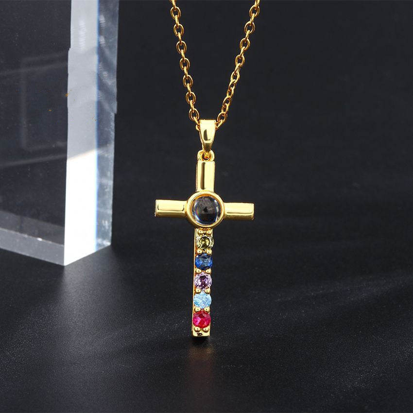 Colorful Diamond Cross Projection In Languages, I Love You Necklace