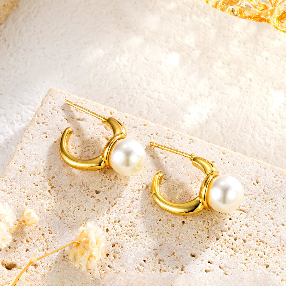 Fashion Stainless Steel C- Shaped Earrings Simple Pearl