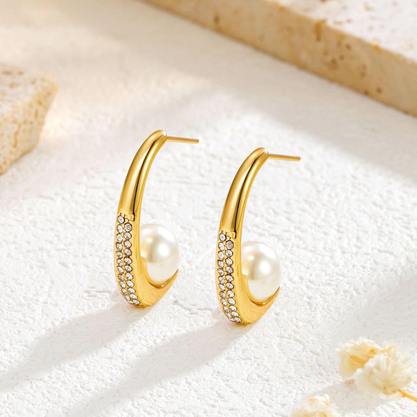 Fashion Stainless Steel Rhinestone Pearl Earrings