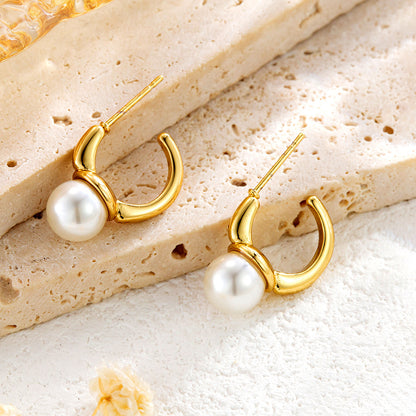 Fashion Stainless Steel C- Shaped Earrings Simple Pearl