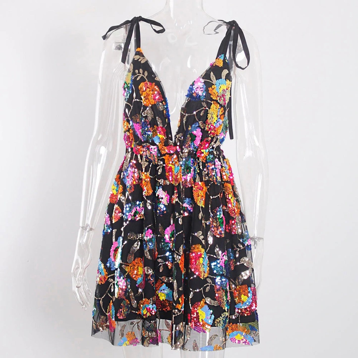 V Backless Sequins Floral Tie-neck Short