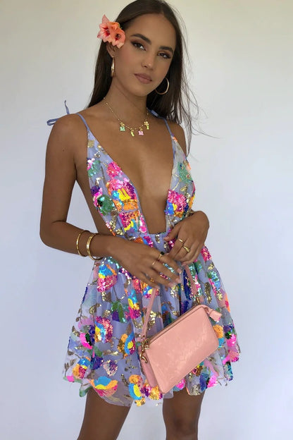 V Backless Sequins Floral Tie-neck Short