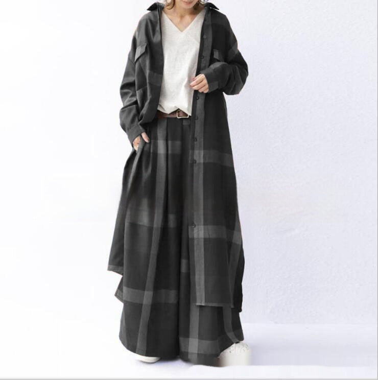 Elegant Plaid Long-sleeved Cardigan Wide-leg Pants Two-piece Set