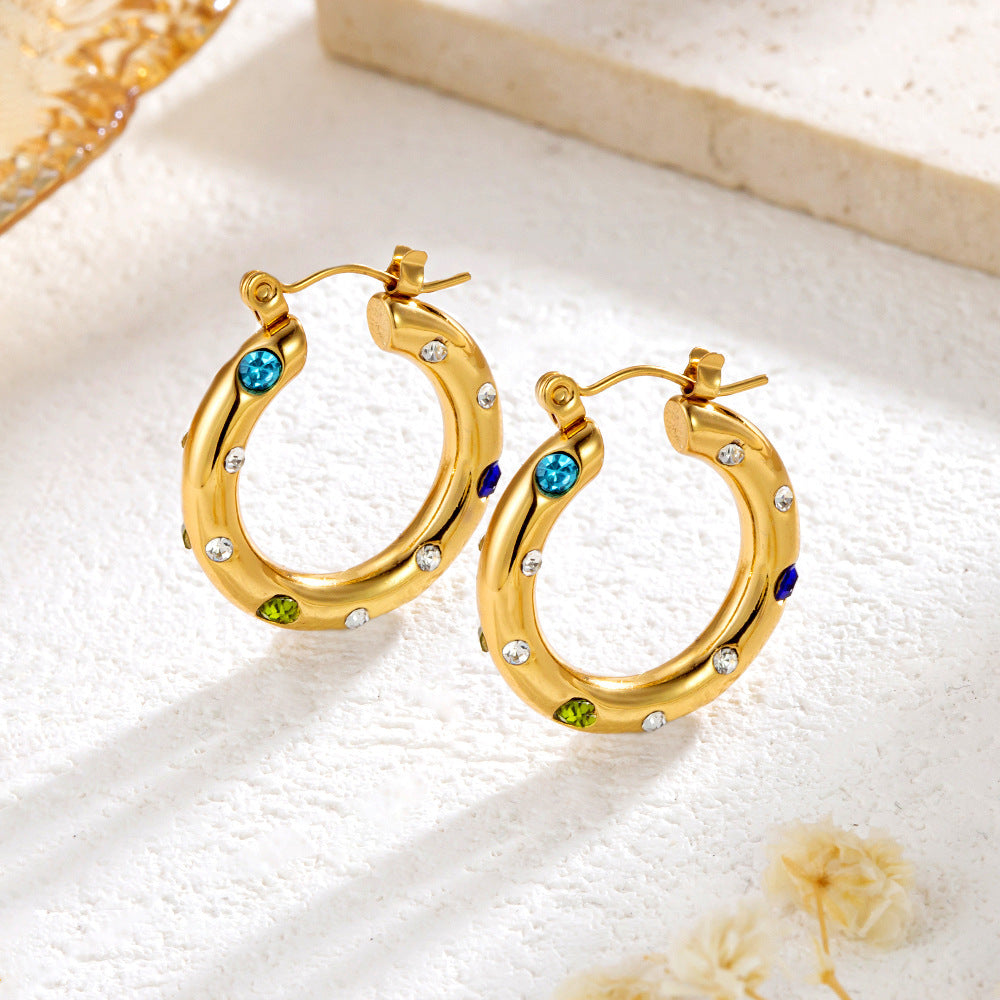 Stainless Steel Inlaid Color Diamond Round Ring Earrings Simple